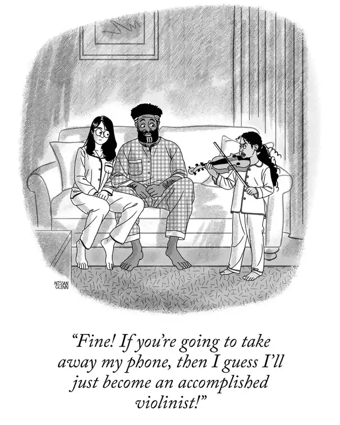 A black-and-white cartoon depicts a young girl in pajamas angrily playing a violin while her parents sit on a couch. The…