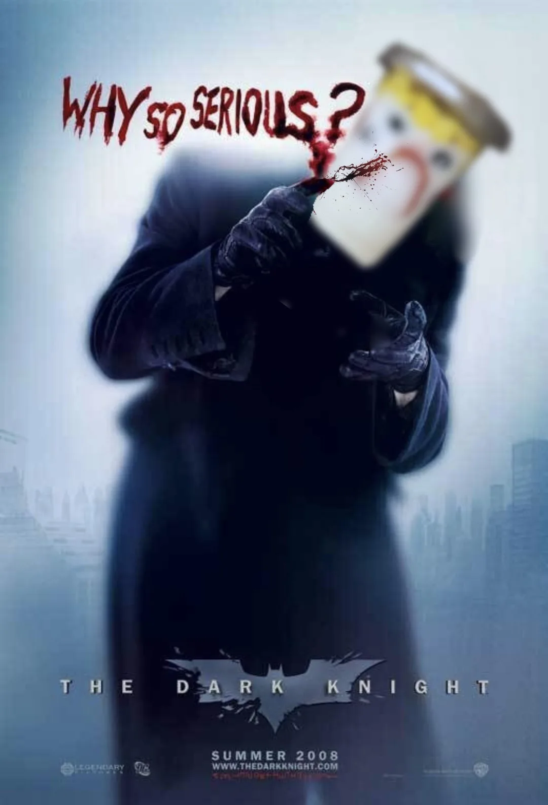 The image is a modified movie poster for 'The Dark Knight' featuring the character The Joker holding a knife to his own…