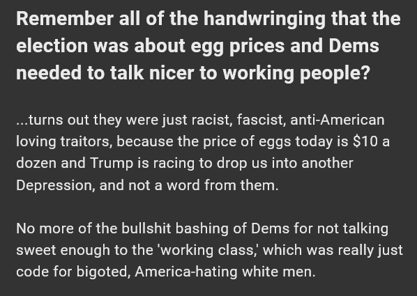 A dark gray background displays a block of white text that sarcastically critiques political discourse, claiming that…