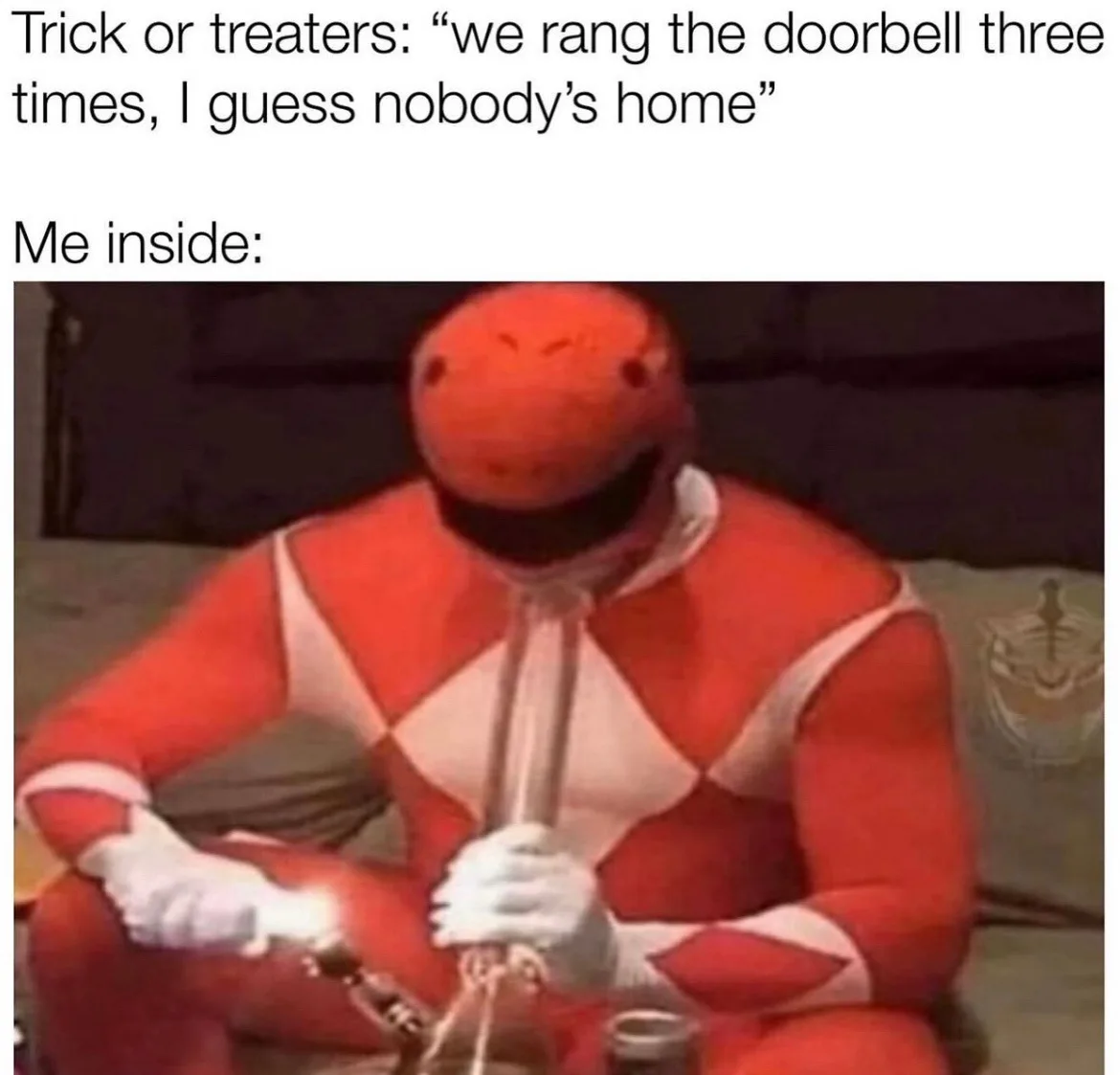 The image shows a person in a red Power Ranger costume sitting on a couch, holding a hookah and looking down with a smug…