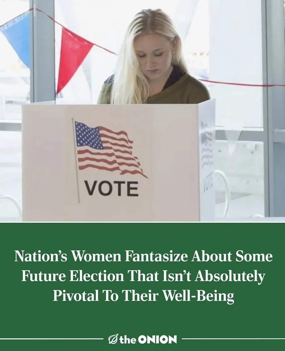 A woman with blonde hair is shown voting at a white voting booth marked with an American flag and the word 'VOTE'. Below the…