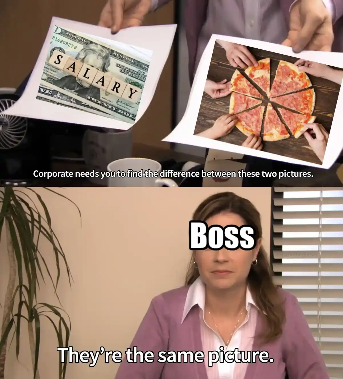 The top panel shows a person holding two photos: one with dollar bills spelling 'SALARY' and another with hands grabbing…