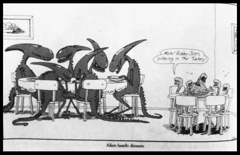 A black-and-white cartoon depicts two alien families at separate dining tables. The larger family on the left has four…