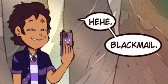 An animated character with dark hair and a purple shirt holds up a purple phone, smiling smugly. Two speech bubbles appear…