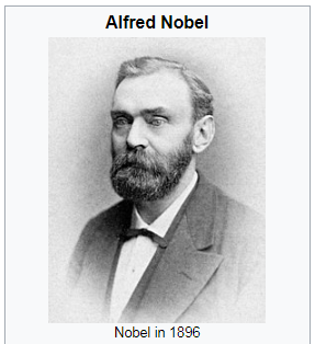 A black-and-white portrait of Alfred Nobel from 1896, showing him with a beard and formal attire. Text at the top reads…