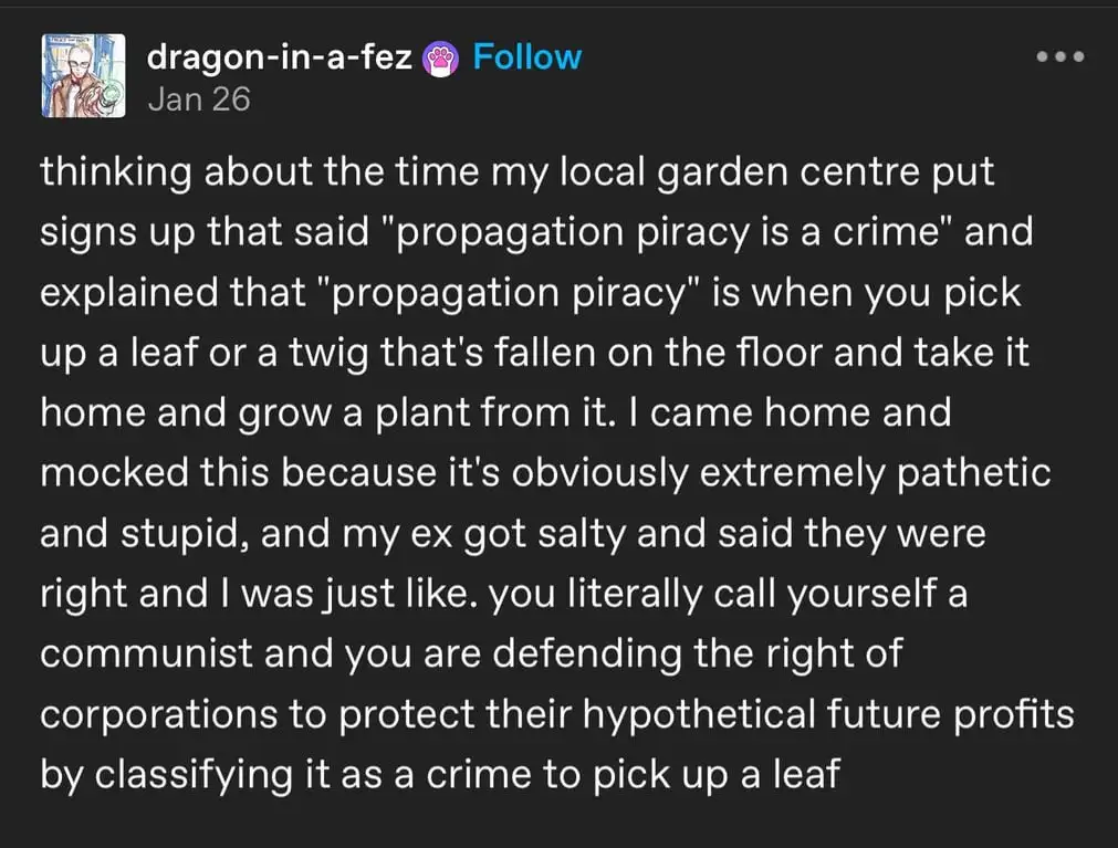 A screenshot of a social media post with white text on a dark background. The text recounts a story about a garden center…