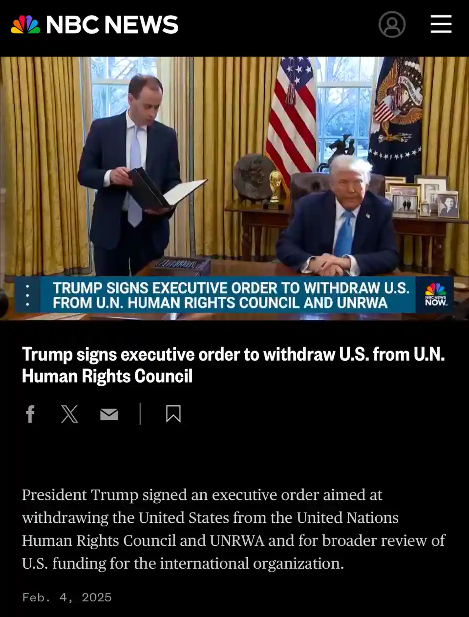 A screenshot from an NBC News broadcast shows President Trump seated at a desk in the Oval Office while a man in a suit…