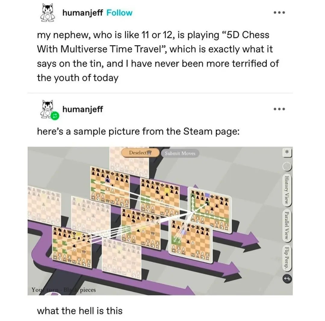 A screenshot from the video game '5D Chess With Multiverse Time Travel' shows a complex, multi-layered chess board with…