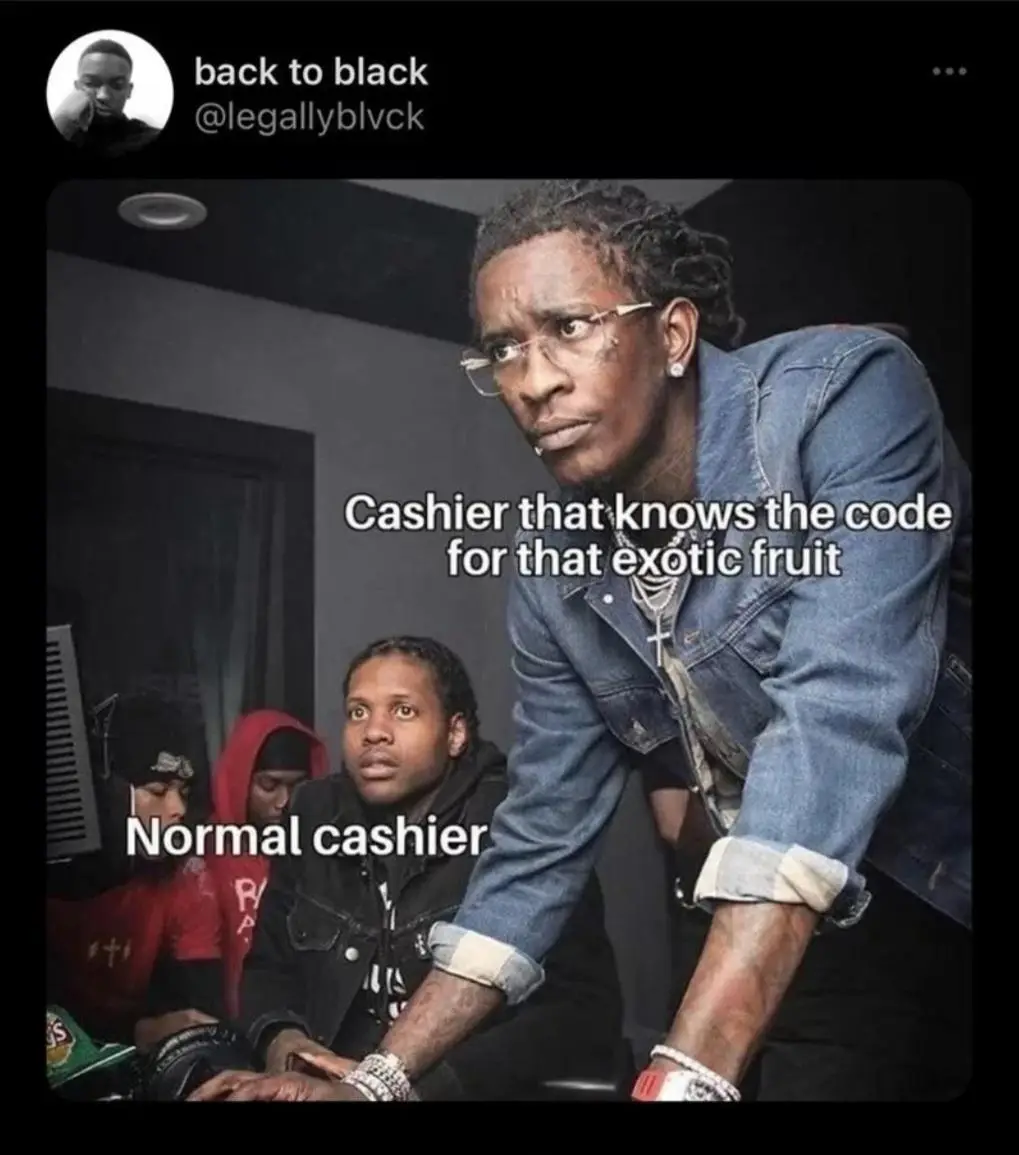A photo shows rapper Young Thug leaning forward with a skeptical, intense expression, labeled 'Cashier that knows the code…