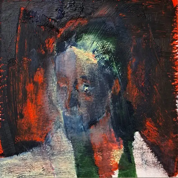 An abstract, textured painting depicts a blurred, ghostly human face rendered in dark, smudged tones of black, red, green…