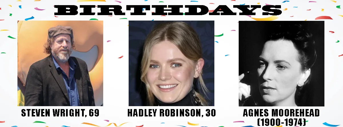 A birthday meme template with confetti background and three headshots: Steven Wright (69), Hadley Robinson (30), and Agnes…