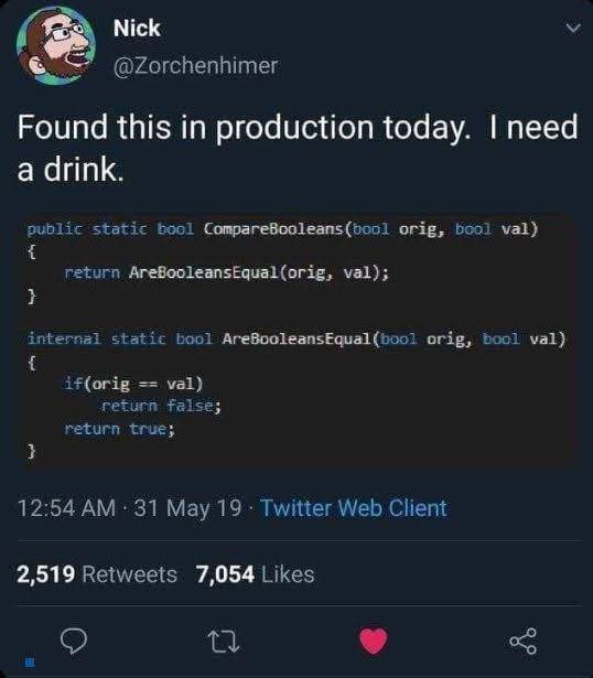 A screenshot of a Twitter post by user Nick (@Zorchenhimer) showing a piece of Java code that compares two boolean values…