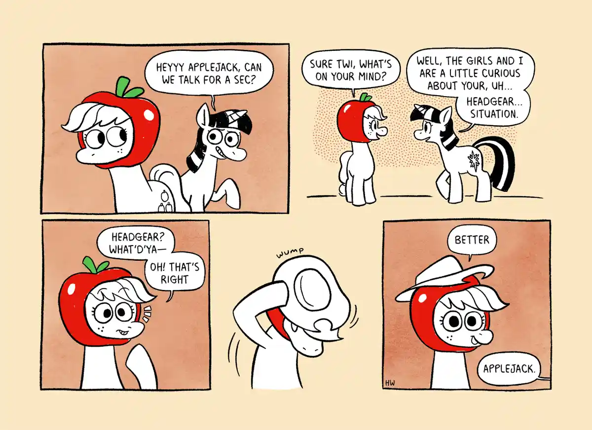 A four-panel comic strip featuring two cartoon ponies. One pony, Applejack, wears a large red apple-shaped headgear. The…
