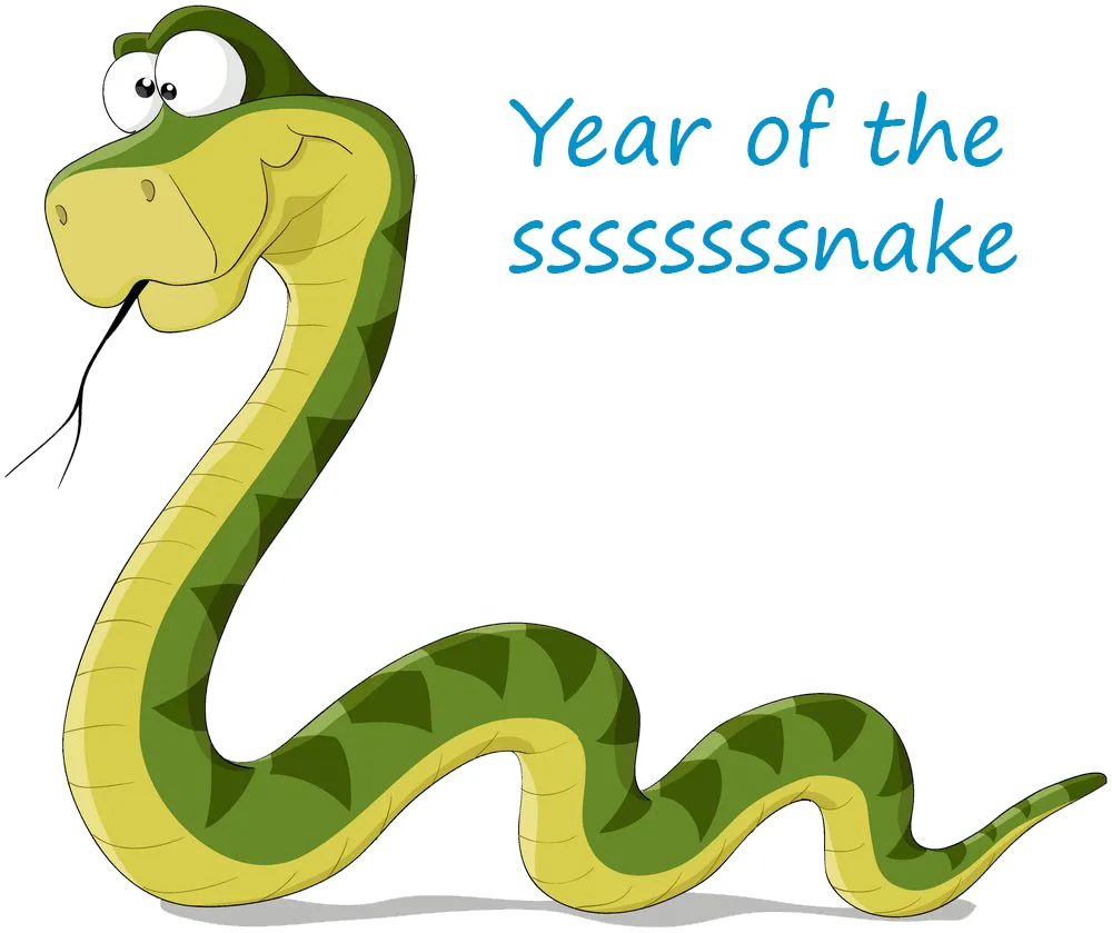 A cartoon green snake with a smiling face and a forked tongue is shown against a white background. The text 'Year of the…