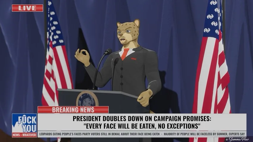 An animated anthropomorphic leopard in a suit stands at a podium flanked by American flags, delivering a speech. A news…