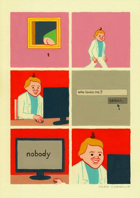 A six-panel comic strip by Joan Cornellà shows a person looking out a window, then sitting at a computer and typing 'who…