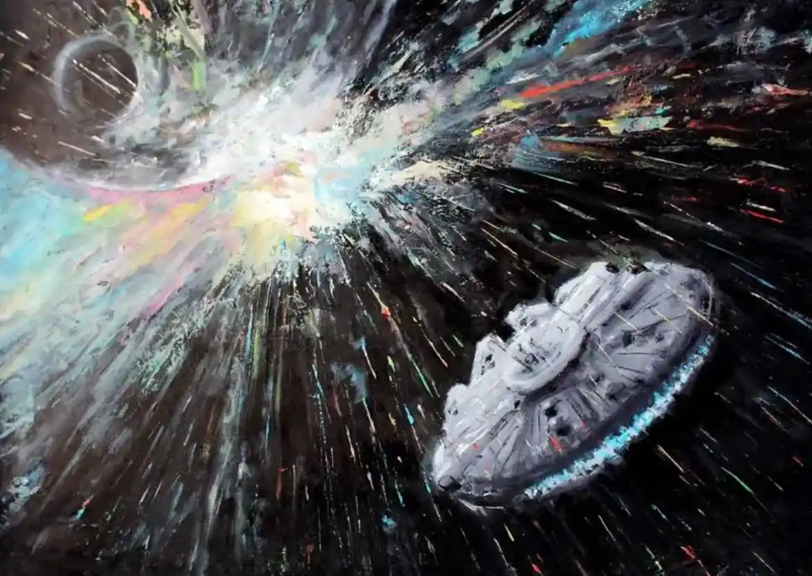 A stylized, painterly image depicts the Millennium Falcon spaceship speeding through space, leaving a trail of colorful…