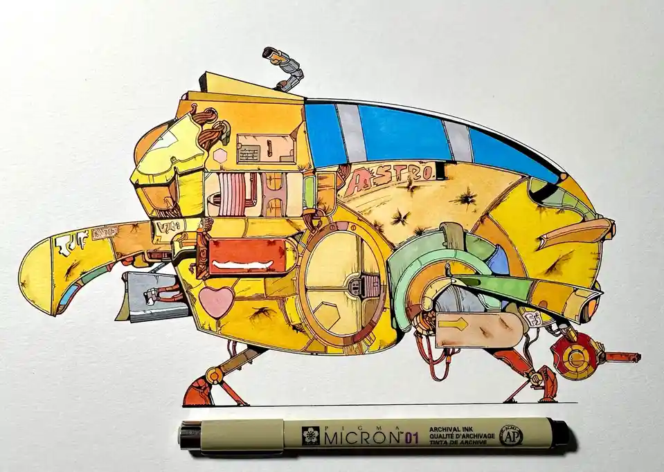 A hand-drawn, colorful illustration of a heavily modified, yellow, retro-futuristic vehicle resembling the iconic 'Astro'…