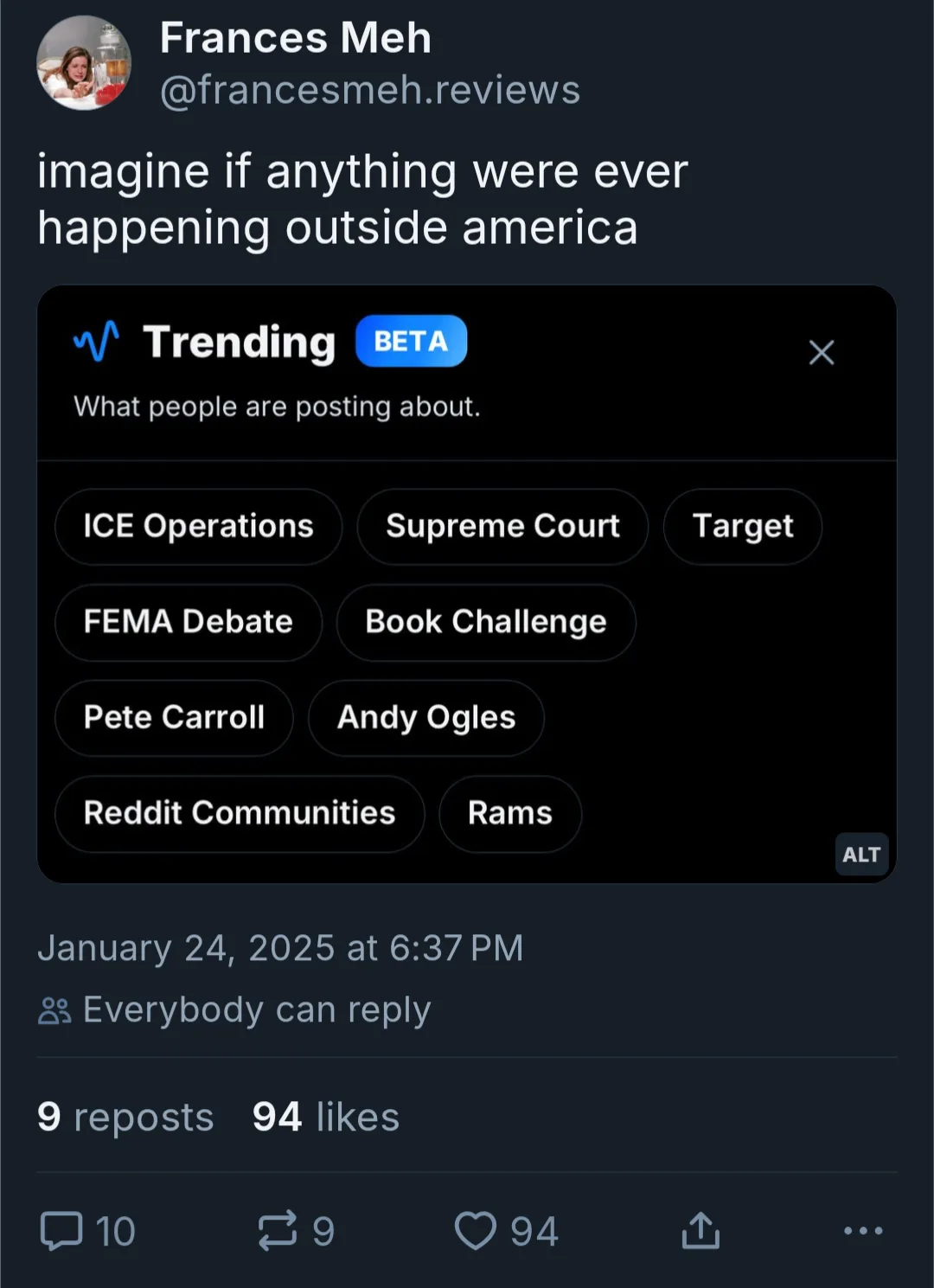 A screenshot of a Twitter/X post by Frances Meh showing a 'Trending BETA' list with topics like ICE Operations, Supreme…