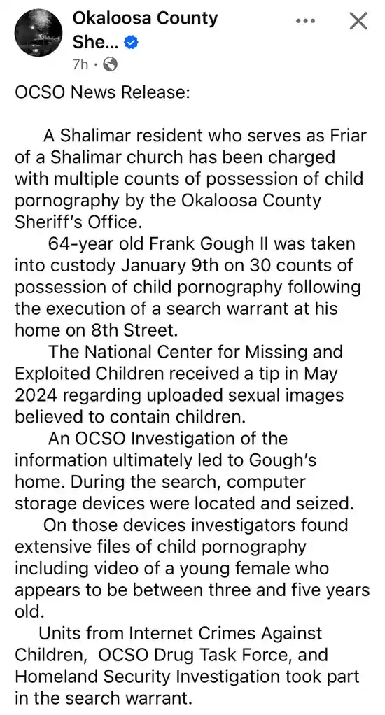 The image displays a screenshot of a Facebook post from 'Okaloosa County She...' featuring a formal news release from the…