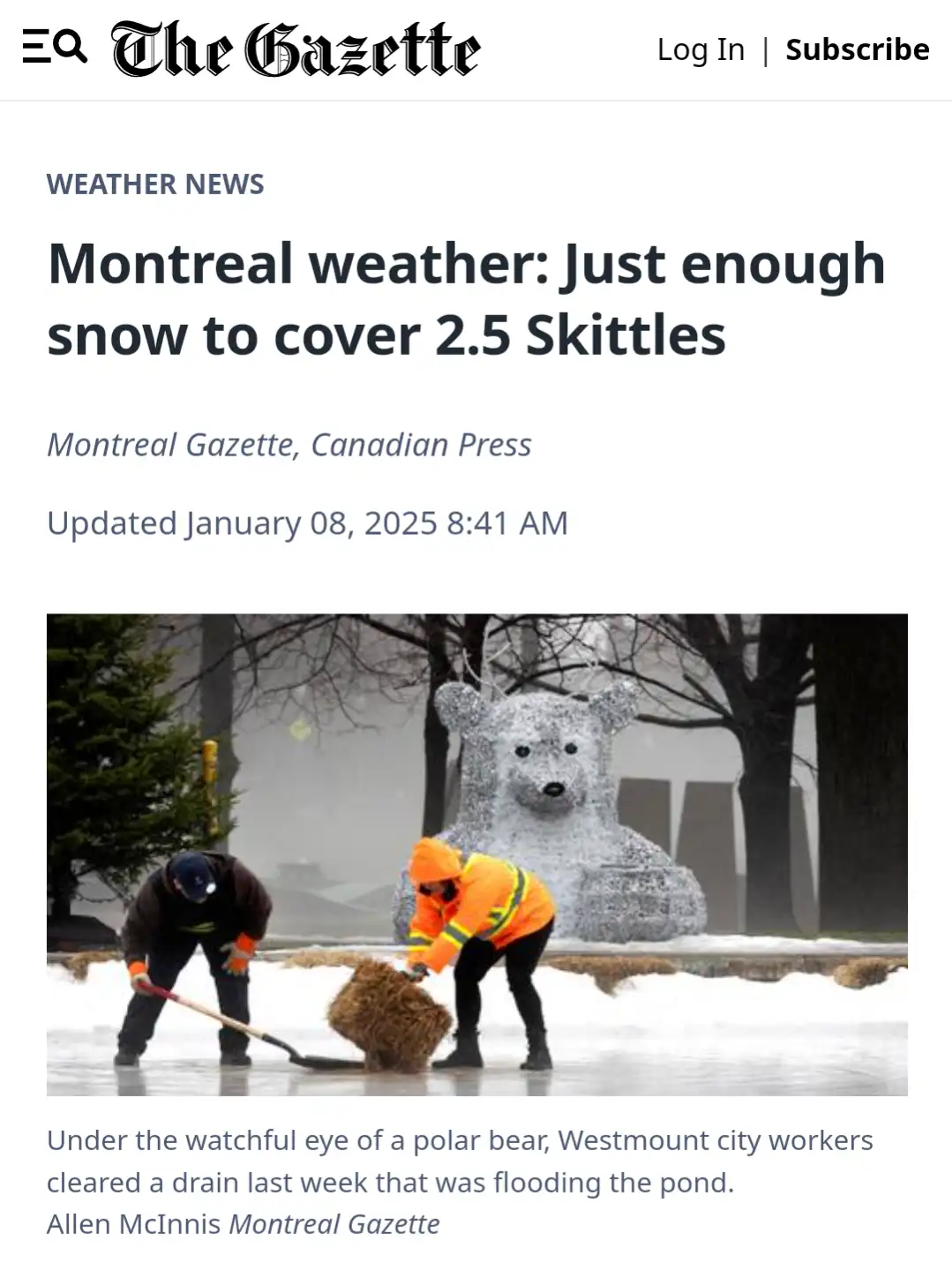 A screenshot of a Montreal Gazette weather news article with a headline reading 'Montreal weather: Just enough snow to cover…