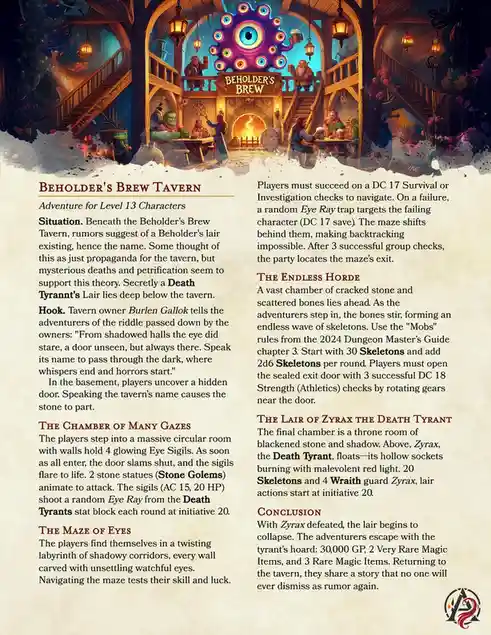 An illustrated fantasy tavern called 'Beholder's Brew' with patrons and a giant multi-eyed beholder above the entrance…