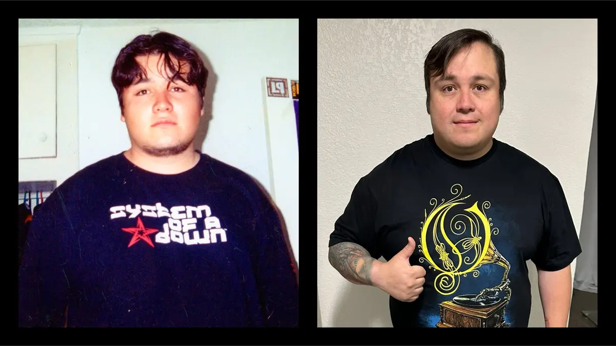 The image displays two side-by-side photos of the same man at different ages. On the left, a younger version wears a dark…