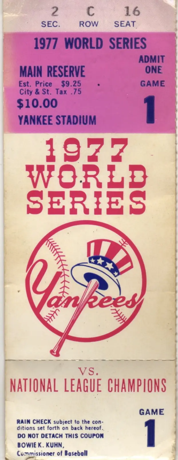 A vintage 1977 World Series baseball ticket for Game 1 at Yankee Stadium, showing section 2, row C, seat 16, priced at…