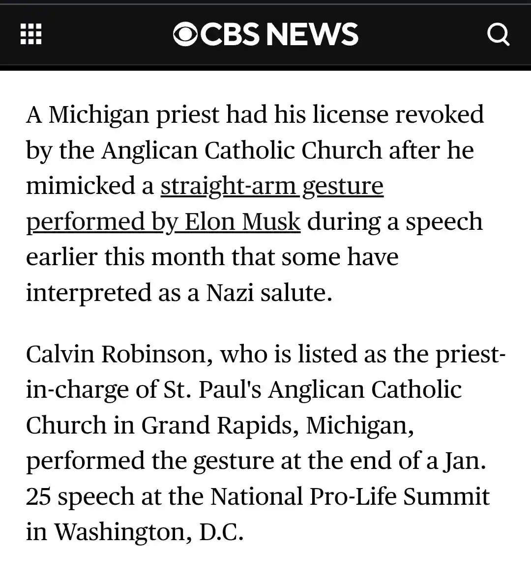 The image displays a CBS News article snippet detailing how a Michigan priest, Calvin Robinson, had his license revoked for…