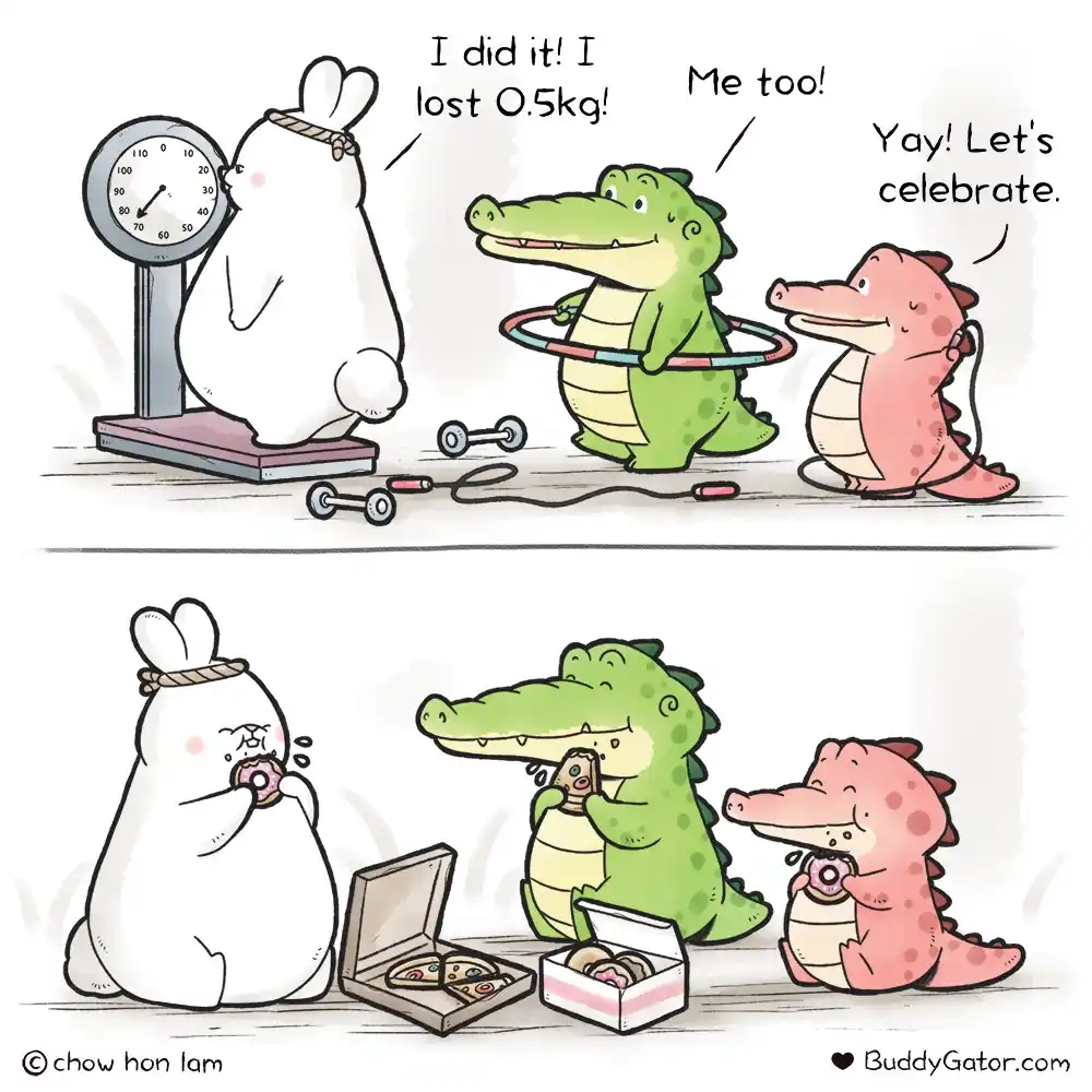A cartoon rabbit celebrates losing 0.5kg on a scale, joined by two crocodiles who also lost weight and cheerfully plan a…