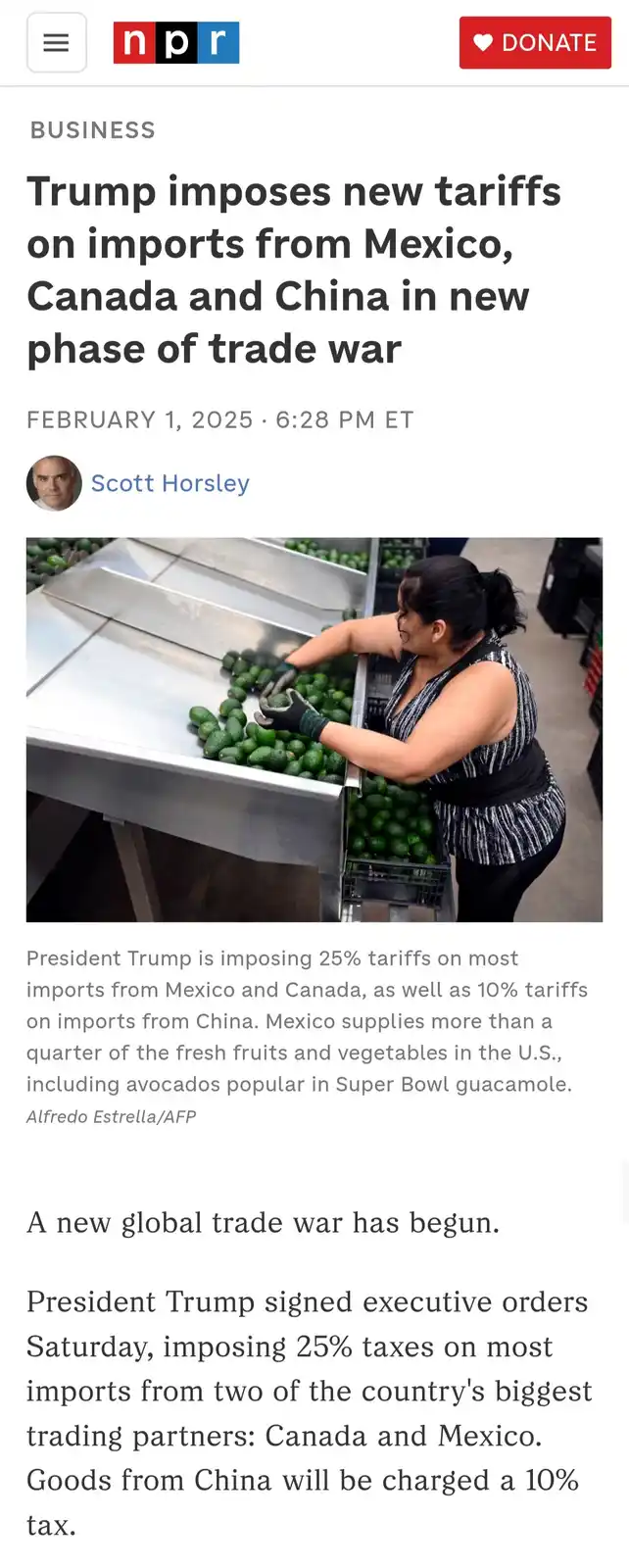 A screenshot of an NPR news article from February 1, 2025, with a headline about Trump imposing tariffs on imports from…