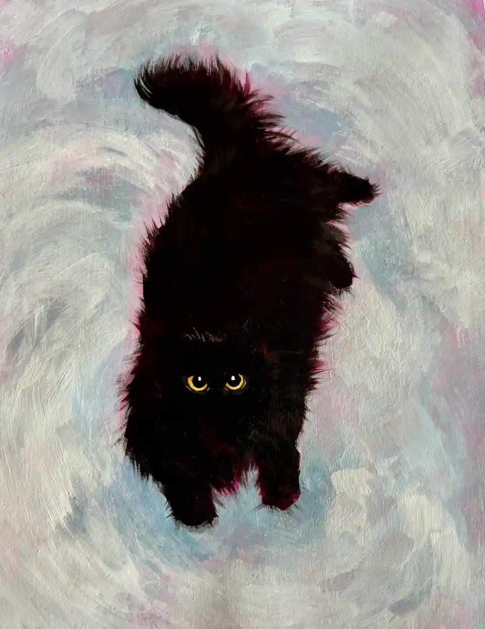 A painting of a fluffy black cat with bright yellow eyes, depicted upside down against a swirling gray, pink, and blue…