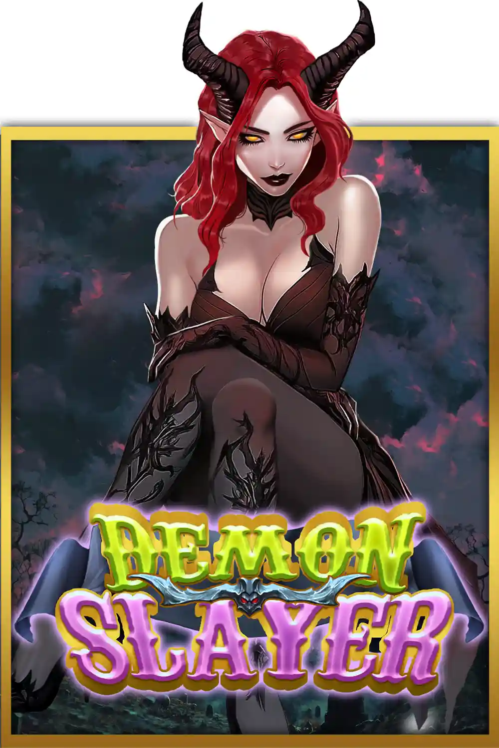 A stylized illustration of a red-haired demon woman with horns and pointed ears, wearing a dark, revealing outfit with…