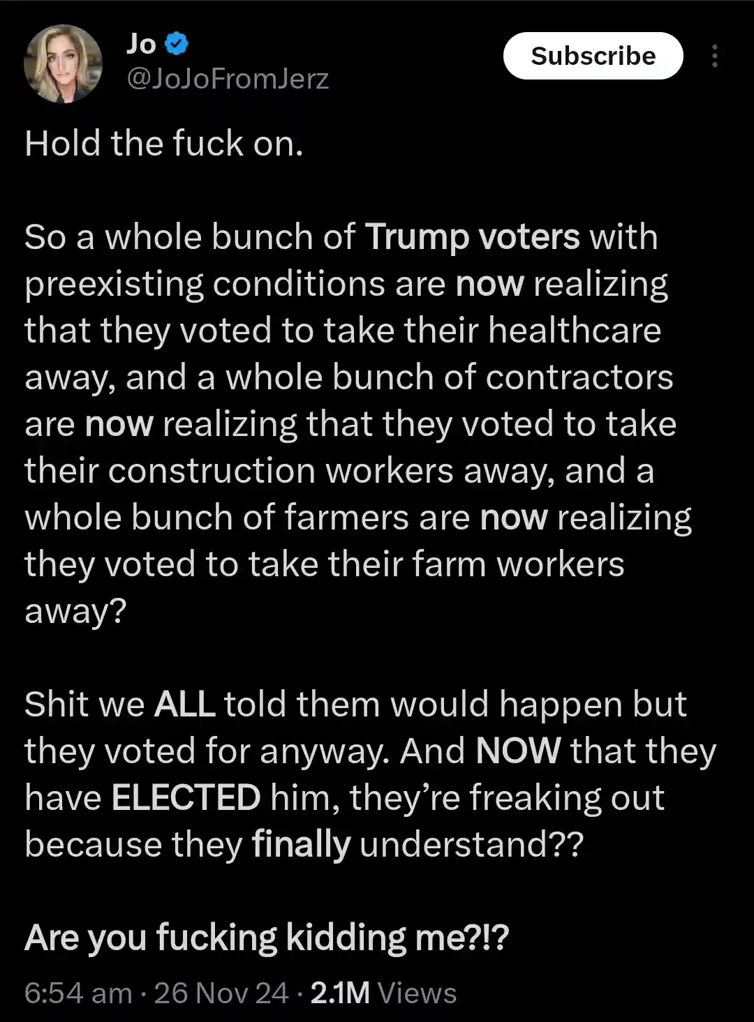 A screenshot of a social media post by 'Jo' with a black background and white text. The post begins with 'Hold the fuck on.'…