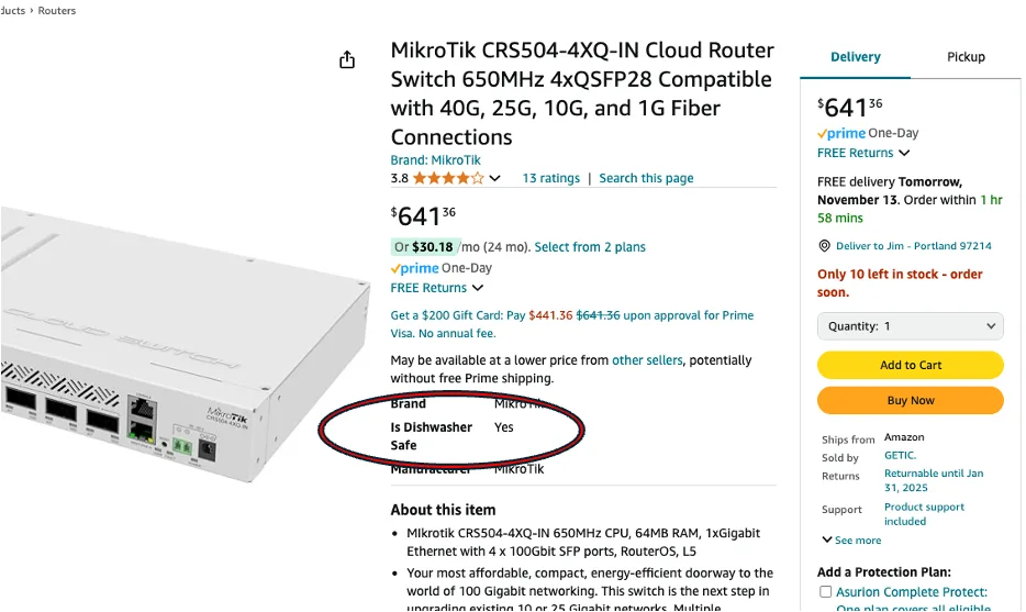 An Amazon product page for a MikroTik cloud router switch shows a red circle highlighting the 'Brand' field, which…