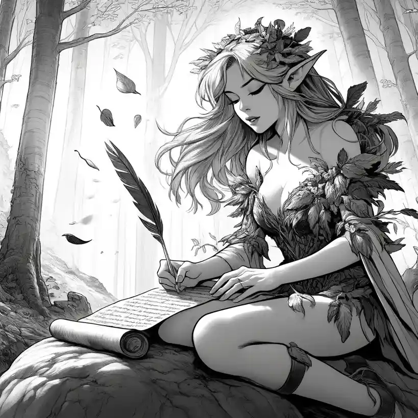 A black-and-white fantasy illustration shows an elf-like woman with pointed ears and a leaf crown, sitting cross-legged in a…