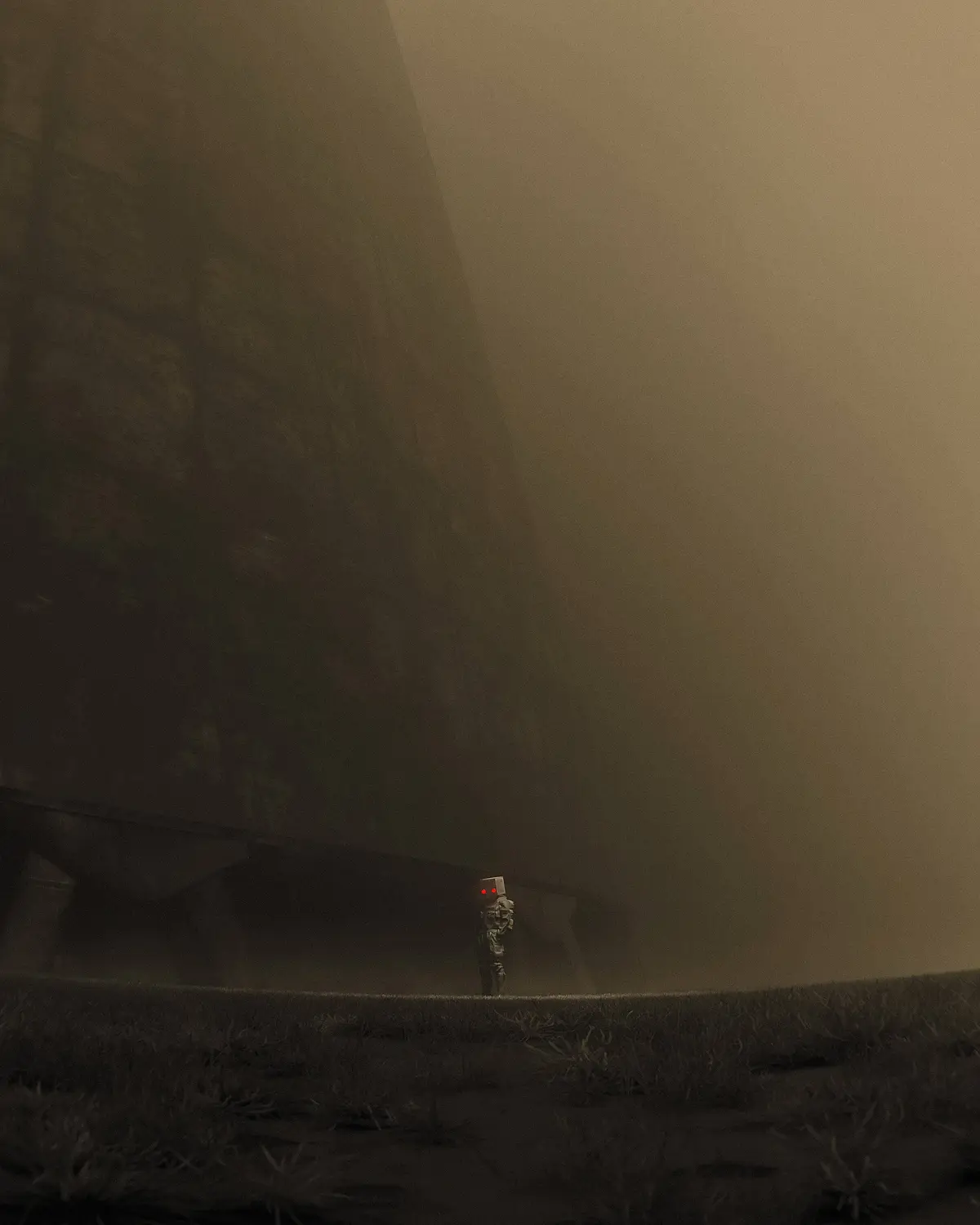 A lone figure stands in a vast, hazy, and desolate landscape under a massive, looming structure. The figure wears a box-like…