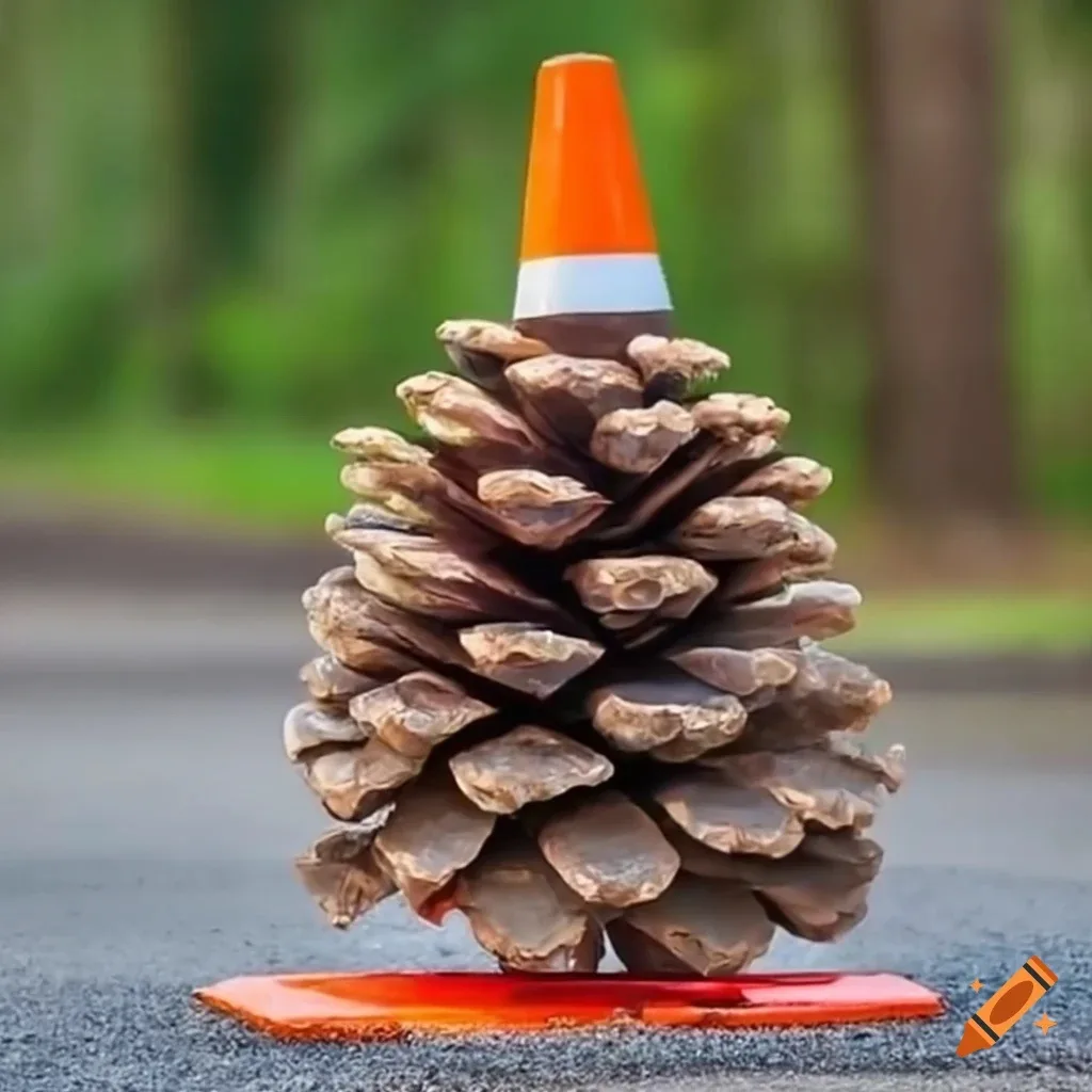 A large pinecone stands upright on an asphalt road, with a miniature orange traffic cone balanced on its top. The pinecone…