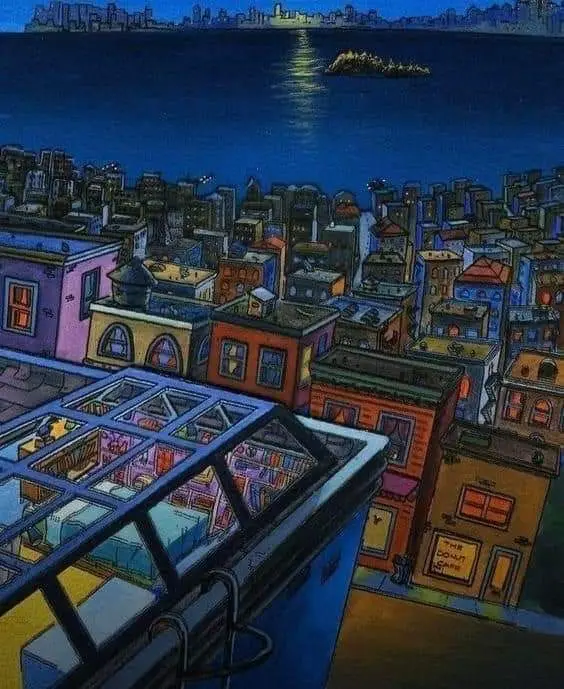 A colorful cartoon-style illustration of a cityscape at night, viewed from a rooftop. In the foreground, a large…