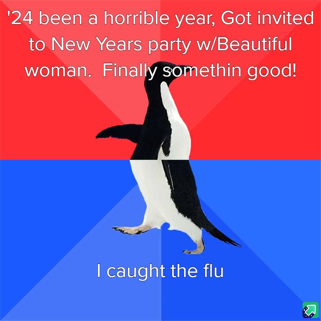 A penguin stands upright against a red and blue background, with text above reading '24 been a horrible year, Got invited to…