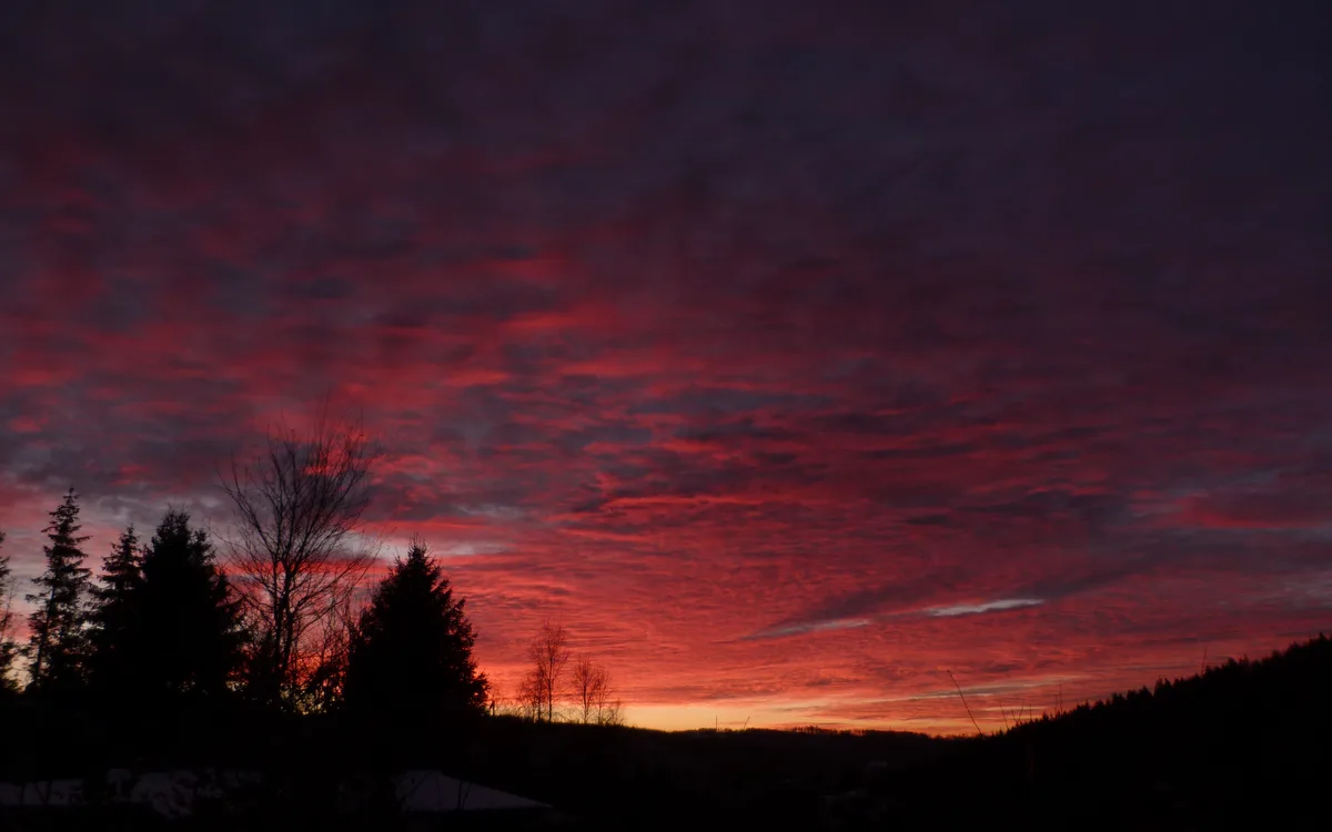 A dramatic sky filled with fiery red and orange clouds at sunrise or sunset, silhouetting dark trees and hills below. The…