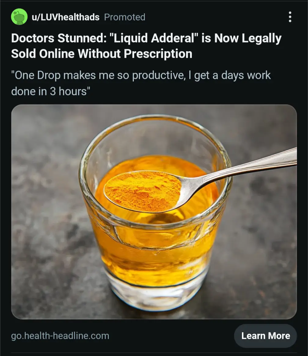 A promotional image shows a glass of yellow liquid with a spoon holding a scoop of yellow powder over it, mimicking a drug…