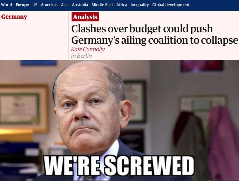 A screenshot of a news article about Germany's political coalition collapse is overlaid with a photo of a man with a grim…