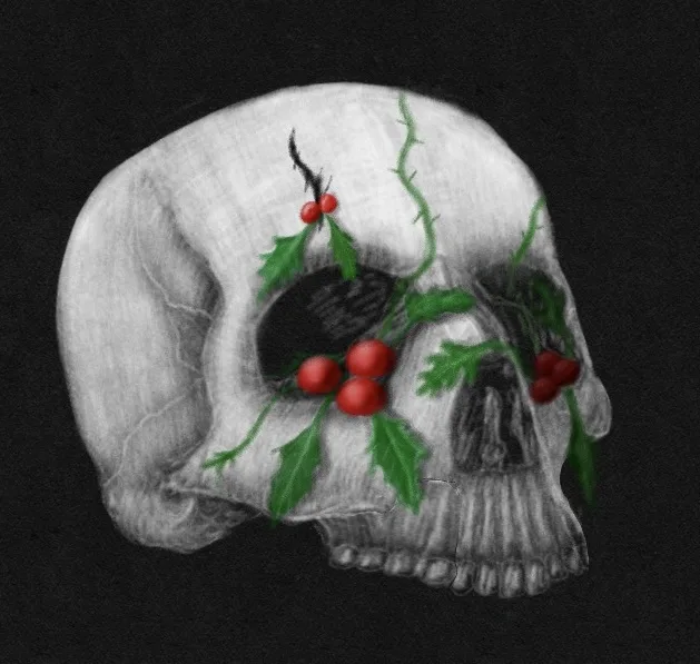 A grayscale drawing of a human skull adorned with a sprig of holly, featuring green leaves and red berries, set against a…