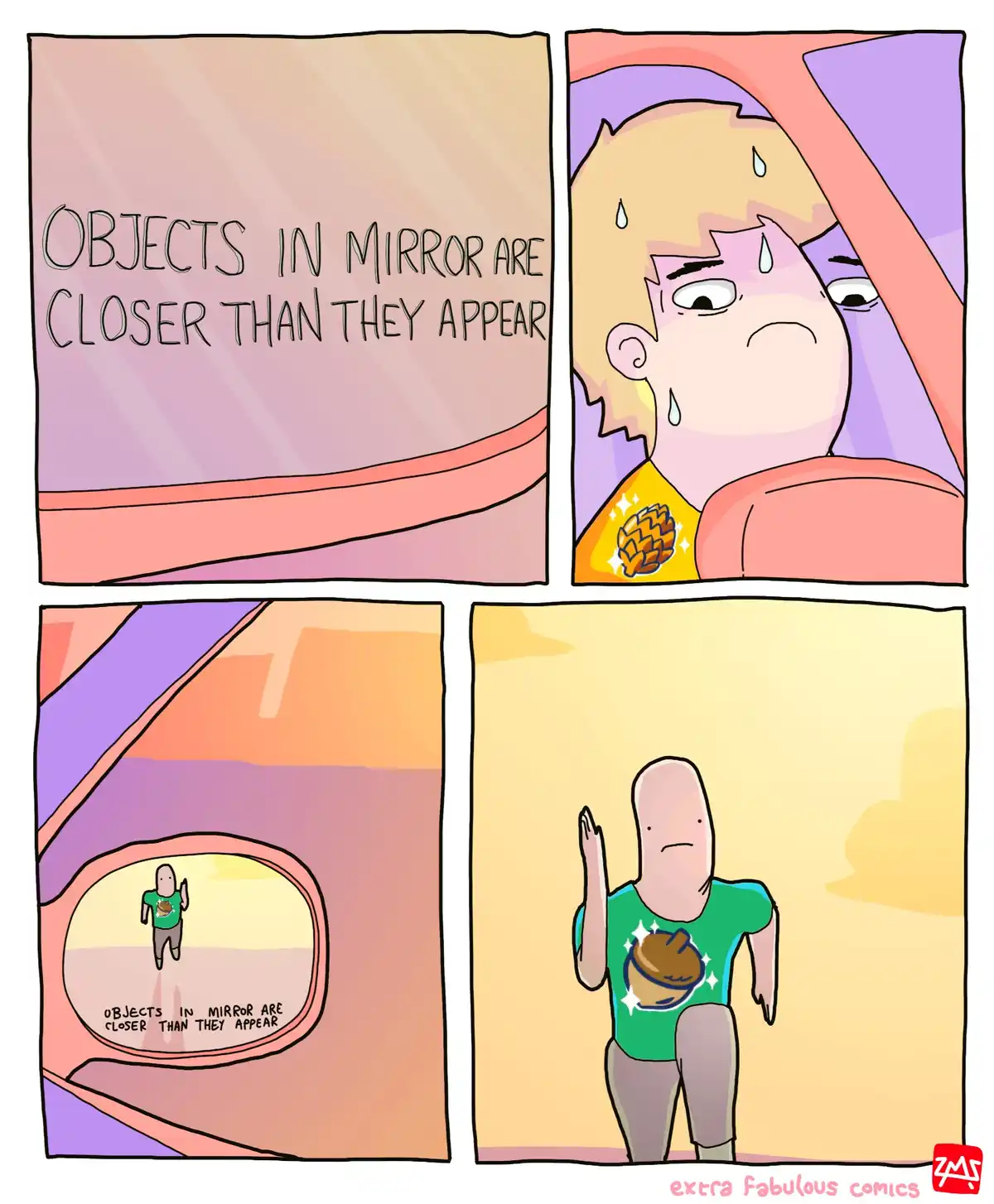 A four-panel comic shows a driver sweating nervously as they see a reflection in their car's side mirror. The mirror reveals…