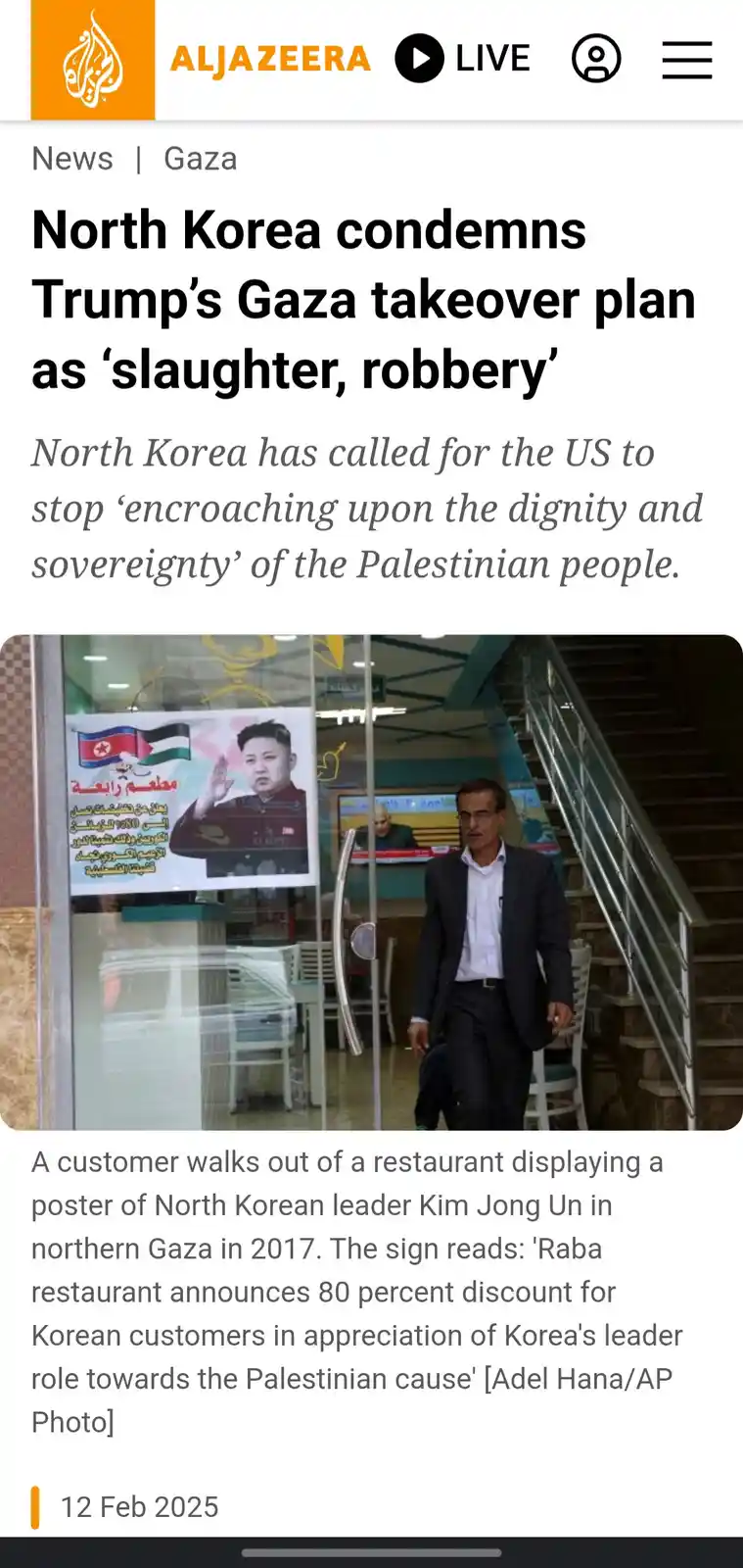 An Al Jazeera news article screenshot shows a man walking out of a restaurant in Gaza. A poster on the glass door features a…