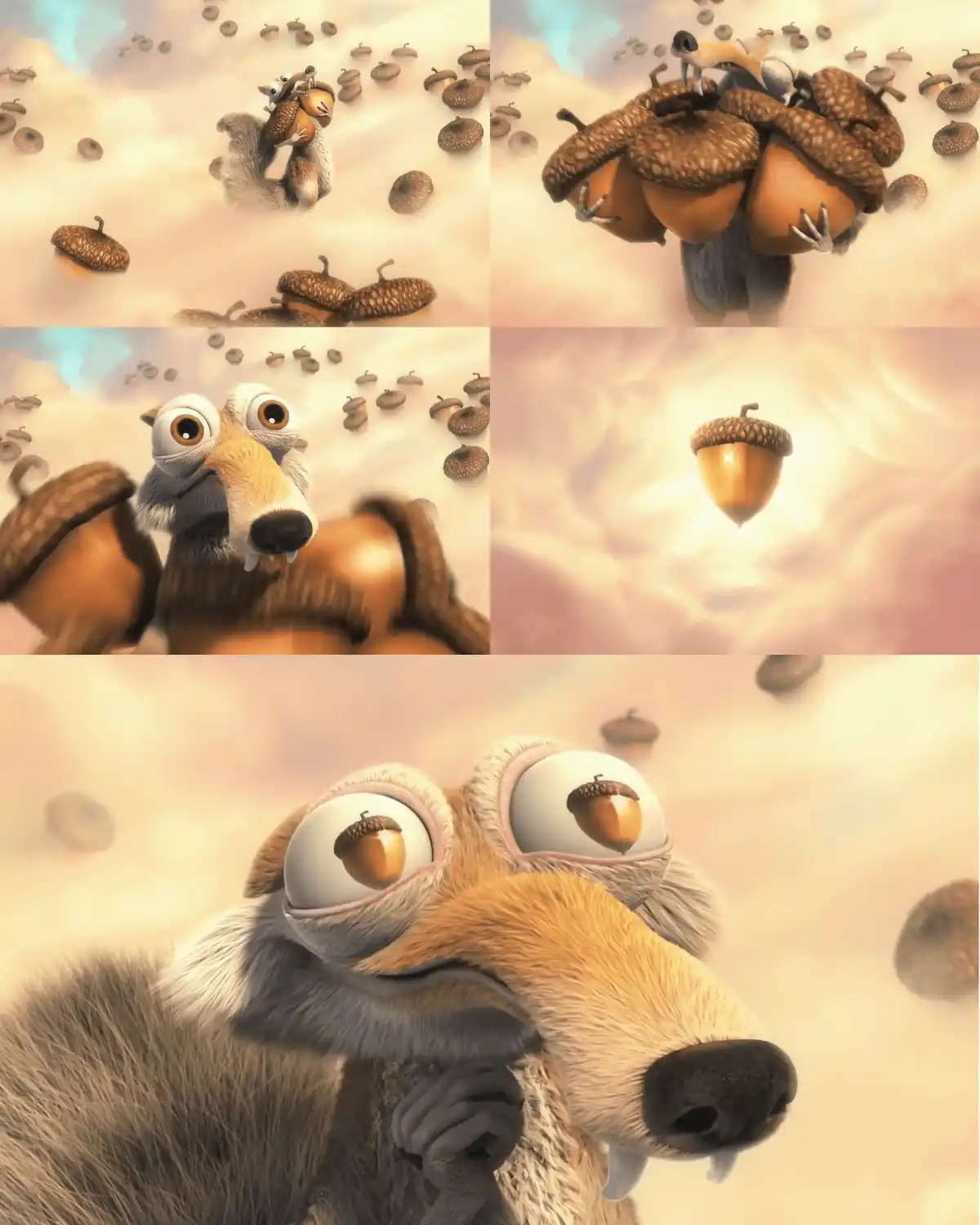A four-panel image sequence from the movie 'Ice Age' shows a squirrel character gathering acorns, then carrying a massive…