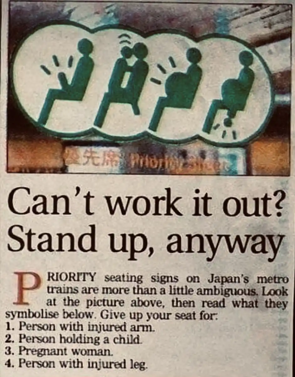 A newspaper clipping shows a Japanese priority seating sign with four green pictograms depicting people needing seats: one…