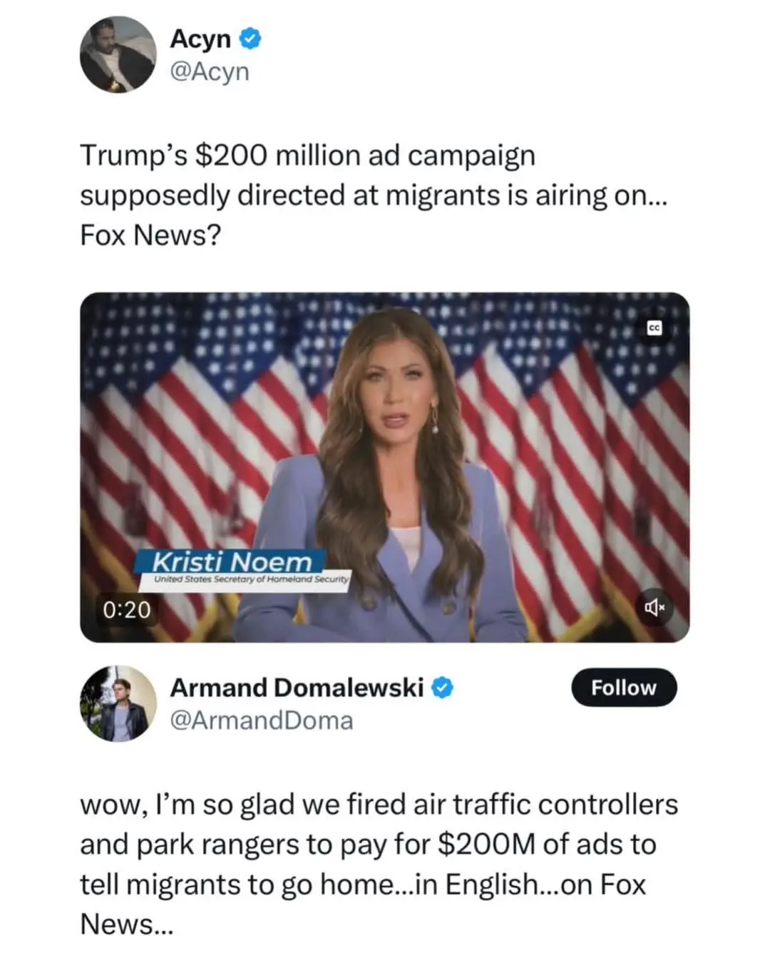 A screenshot of a tweet by Acyn showing a video clip of Kristi Noem, identified as United States Secretary of Homeland…