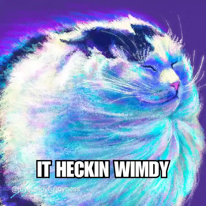 A stylized, colorful drawing of a fluffy cat with closed eyes and a serene expression, rendered in vibrant blues, purples…